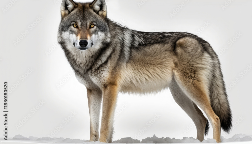 Obraz premium Majestic wolf standing on snow with a captivating gaze in a serene winter landscape