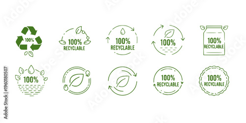 100 percent recyclable badge icon set in green shades for eco friendly packaging and sustainability labels
