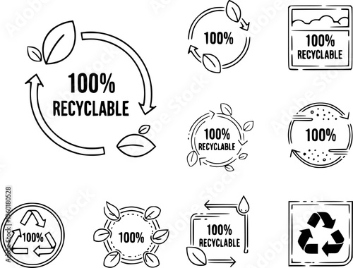 100 percent recyclable badge icon set in green shades for eco friendly packaging and sustainability labels
