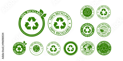 100 percent recyclable badge icon set in green shades for eco friendly packaging and sustainability labels
