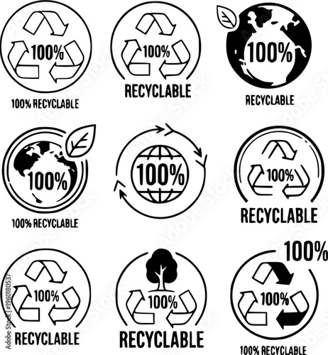 100 percent recyclable badge icon set in green shades for eco friendly packaging and sustainability labels

