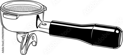 Detailed espresso portafilter illustration with metal basket and black handle for coffee equipment designs and barista artwork
