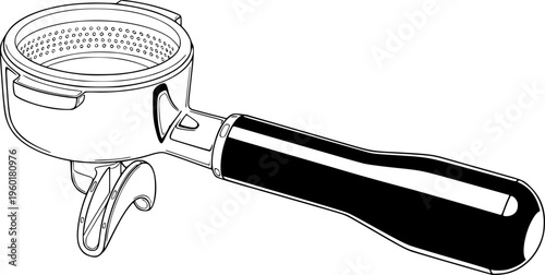Detailed espresso portafilter illustration with metal basket and black handle for coffee equipment designs and barista artwork
