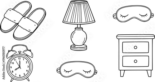 Sleep Night Routine Line Icon Set with Bed Alarm Clock Moon Candle and Pillow for Rest and Relaxation Design
