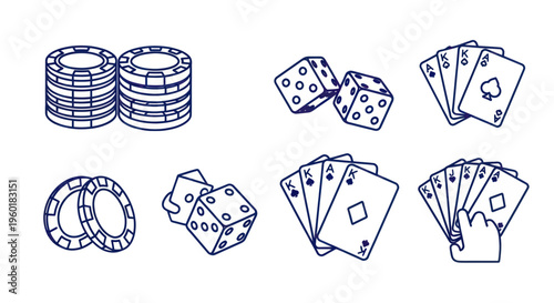 Casino Games Icons: Chips, Dice, Playing Cards, Gambling Symbols, Vector Line Art