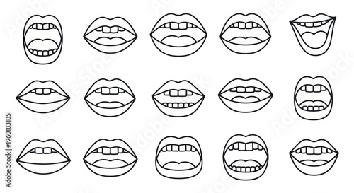 Collection of Diverse Mouth Expressions Line Art Icons