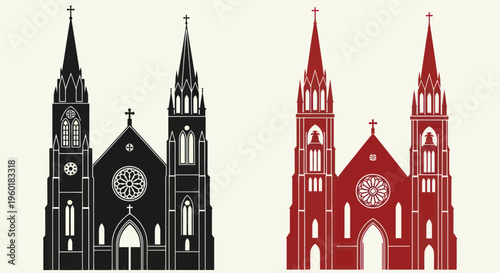 Gothic Church Silhouette - Black and Red Facade