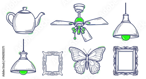 Hand-drawn illustrations: teapot, ceiling fan, lamps, ornate frames, butterfly