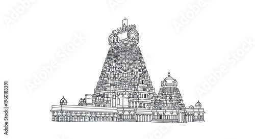 Intricate South Indian Temple Architecture Outline Drawing