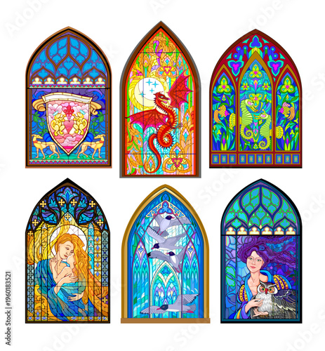 Set of gothic stained glass windows. Architecture in French churches. Middle ages art in Western Europe. Medieval craft. Hand drawn vector illustration. Isolated images on transparent background.