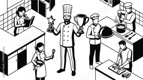 Line art winning chef holding trophy and star surrounded by kitchen staff cooking in black and white
