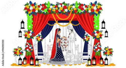 Indian Wedding Ceremony Decor: Bride and Groom Exchange Rings Under Floral Arch
