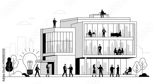 Modern Office Building with Business People and Innovation Concept.