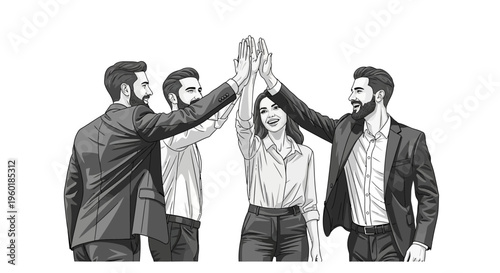 Diverse business team celebrating success with a high five gesture.