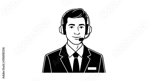 Professional male call center agent with headset in black and white.