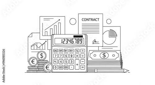Financial Accounting and Business Management with Calculator and Documents.