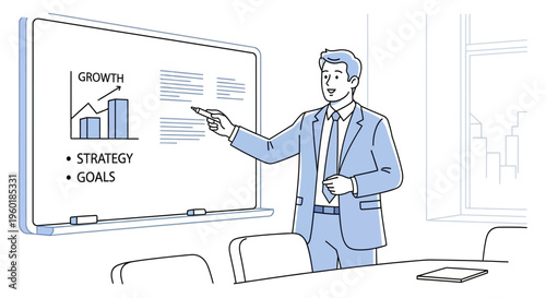 Businessman presenting growth strategy and goals on whiteboard.