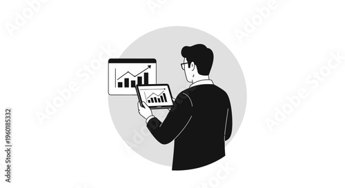 Businessman analyzing data on tablet and screen.