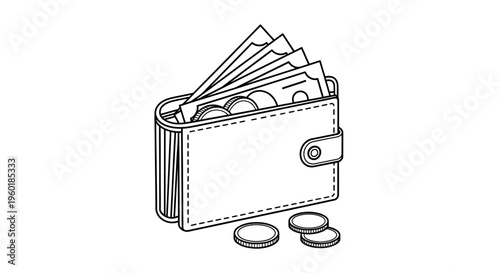 Hand-drawn illustration of a wallet filled with cash and coins symbolizing financial transactions and wealth.