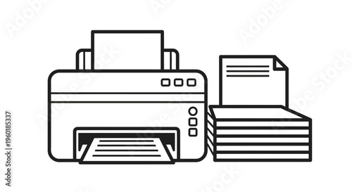 Printer and paper stack line art icon for office and document related tasks.