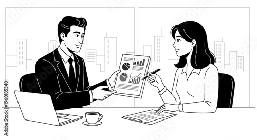 Business professionals discussing financial report in office setting.