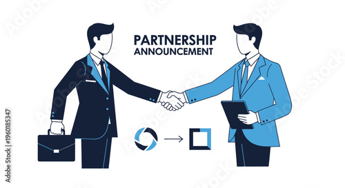Two businessmen shaking hands in a partnership announcement.