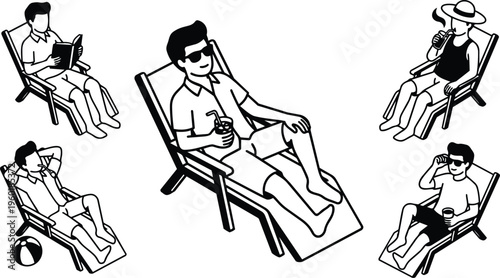 Line art black and white men relaxing on deck chairs drinking reading summer scene