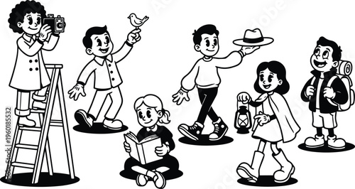 Black and white line art children set with photographer on ladder bird reader and lantern