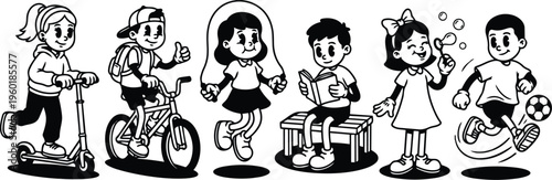 Line art children playing scooter bicycle jump rope reading blowing bubbles and kicking soccer ball black and white