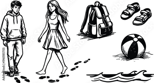 Line art black and white teenage boy and girl walking barefoot on beach with backpack and waves