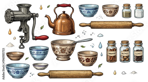 Vintage Kitchen Utensils and Cooking Tools Collection Vector Illustration with Meat Grinder, Kettle, Rolling Pin, Spices, and Ceramic Bowls
