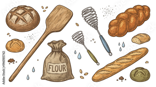 Artisan Bakery Collection with Hand Drawn Bread Baguette Flour Sack and Baking Tools Vector Illustration Set