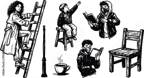 Line art black and white ladder woman climbing and masked readers with chair stool and coffee
