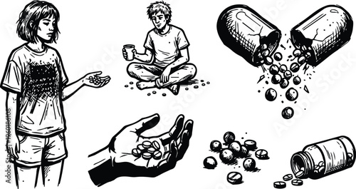 Black and white line art pills hand and two people taking medication