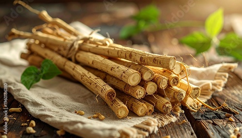 Freshly harvested burdock roots bundled on a rustic wooden table with green leaves in the background, ready for culinary or medicinal use.