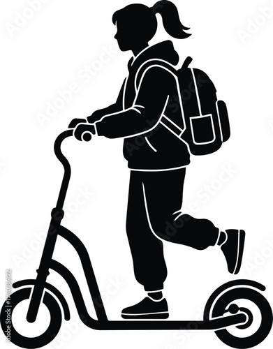 Flat vector silhouette of girl with ponytail riding kick scooter wearing backpack side profile