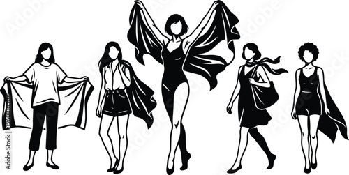 Black and white line art five women wearing flowing capes and shawls in varied poses