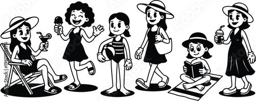 Women and girls at beach with sunhats and drinks