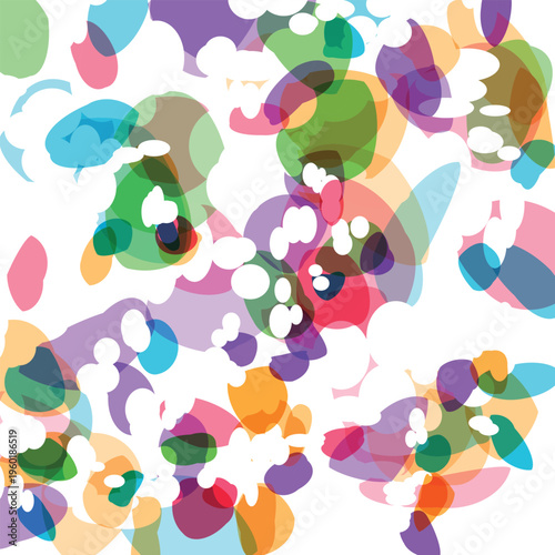 Colorful abstract pattern with multicolored shapes and white clouds on white background for design and decoration  seamless texture