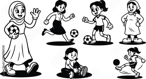 Young girls playing soccer in hijab and casual clothes black and white line art