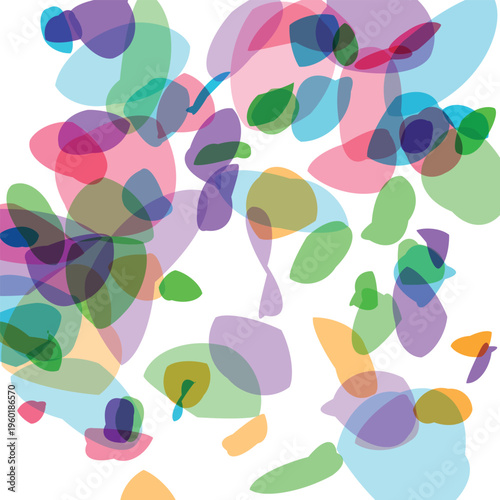 Colorful abstract shapes in various sizes and hues scattered randomly on white background for creative design elements