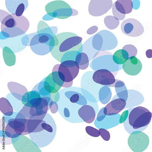 Overlapping translucent blue green and purple rounded shapes on white background for abstract design and pattern creation