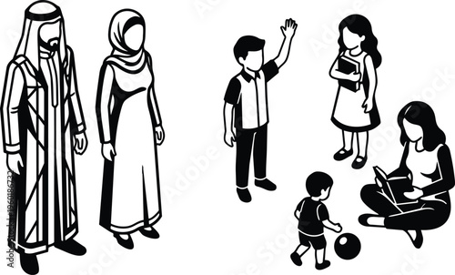 Black and white line art family scene with father in thobe and mother in hijab and children playing