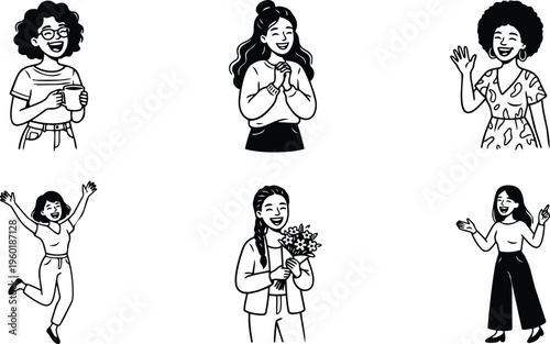 Line art six women in joyful poses holding coffee bouquet waving and jumping black and white
