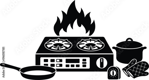 Black and white line art gas stove with frying pan pot oven mitts and timer under flame