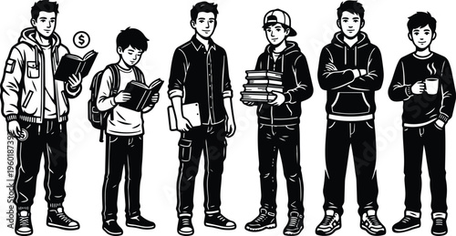 Line art black and white teenage students reading holding books coffee standing in row