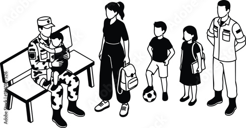 Black and white line art soldier hugging child on bench with family standing in view