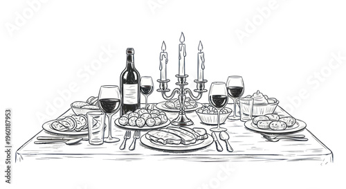 Elegant Dinner Table Setting with Wine, Candles, and Food - Hand-Drawn Sketch
