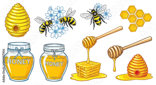 Honey Bees and Products: Hive, Honeycomb, Jars, and Honey Dippers