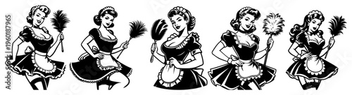 Vintage pin up maid characters set in retro classic uniform with feather duster for cleaning service mascot
